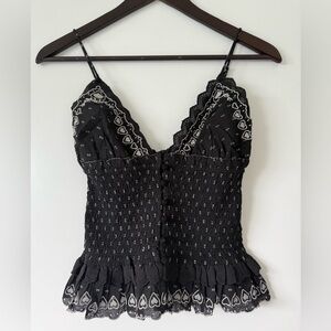 Free People Black Smocked Lace-Trim Heart-Print Cami